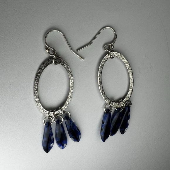 N/A Jewelry - Blue Faceted Teardrop Hoop Dangle Earrings Silver Tone Textured Boho